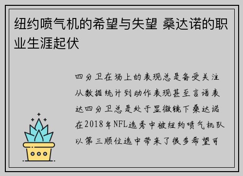 纽约喷气机的希望与失望 桑达诺的职业生涯起伏